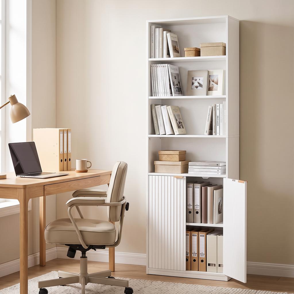 Bookshelf, 6-Tier, 60 x 24 x 182 cm, 4 Open Compartments, 2 Doors, White