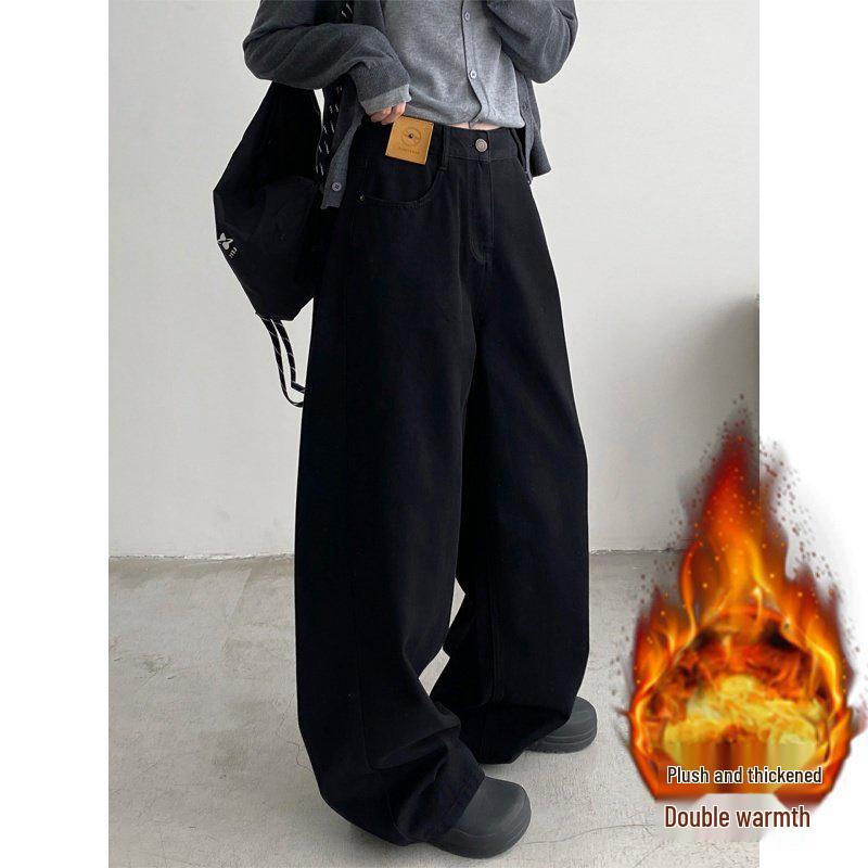 Curvy Girl Black Fleece-Lined Wide Leg Jeans - Autumn/Winter Slimming Style