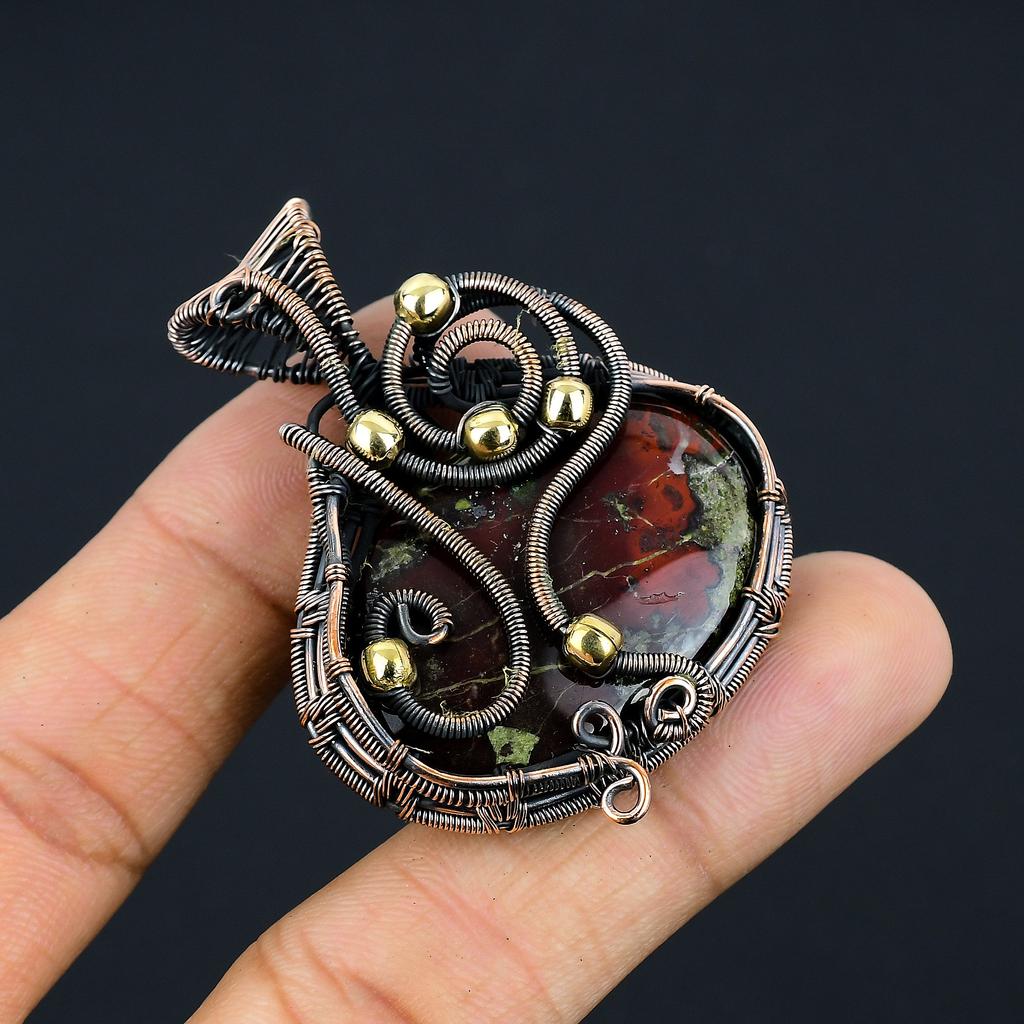 Natural Forest Jasper Gemstone Handmade Copper Wire Wrap Pendant 2.17" N2T34