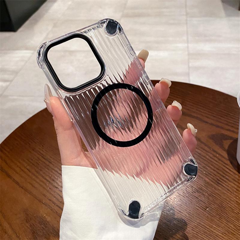 Transparent Stripe Soft TPU Phone Case For iPhone 16 15 14 Plus 13 12 11 Pro Max Clear Magnetic For Magsafe Wireless Charge Capa