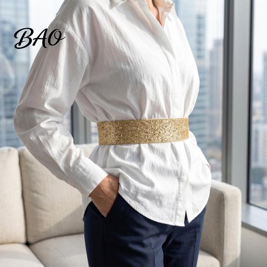 Fashion Waist Accessory for Dresses Stretchy Sequined Belt, Women Sparkly Wide Retro Dress Evening Party Snap Buttons, Glittery Elastic Band