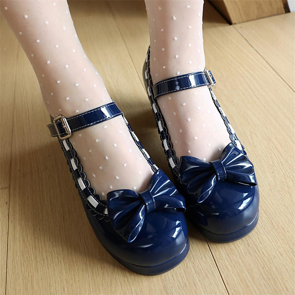 Fashion Size 34-48 Woman Med Heel Lolita Shoes Patent Leather Cute Bow Mary Jane Pumps Bride Wedding Cosplay Party Red Pink Black Green