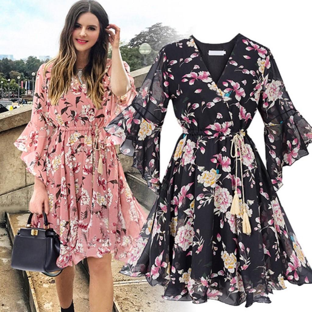 Women Fashion Casual Chiffon Floral Printing Short Sleeve V-Neck  Party Dress