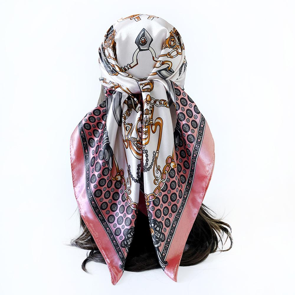 Women's Satin Artificial Silk Square Scarf Shawl Classic Chain Printing Silk Scarf 90cm Headscarf