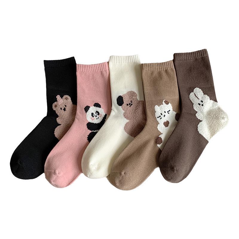 Women’s Pure Cotton Cartoon Animal Mid-Calf Socks – Autumn/Winter, Sweat-Absorbent, Japanese Style Little Bear Design
