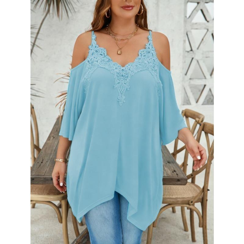 Women Loose Casual Lace Collar Floral Patchwork Off Shoulder Camisole Asymmetrical Hem T Shirt