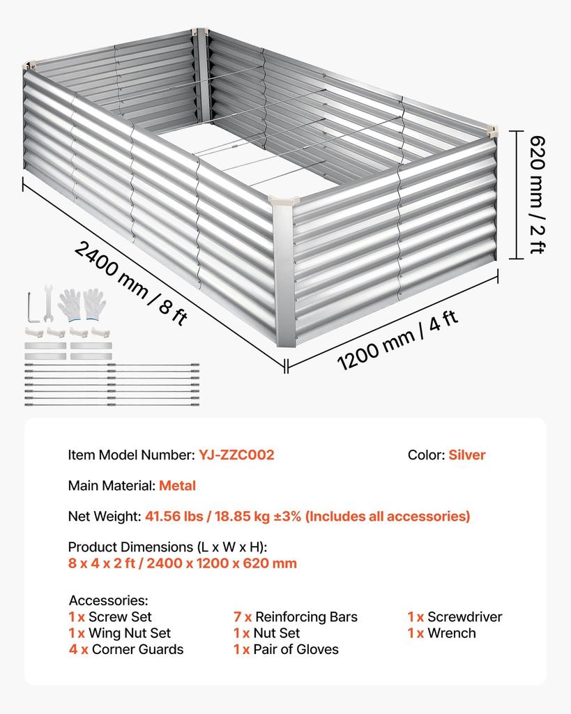 Galvanized Raised Garden Bed, 2400 X 1200 X 620 Mm, Rectangular Metal Planter Box Kit Outdoor, Bottomless Elevated Planting Box with Gloves, Alu-Zinc,