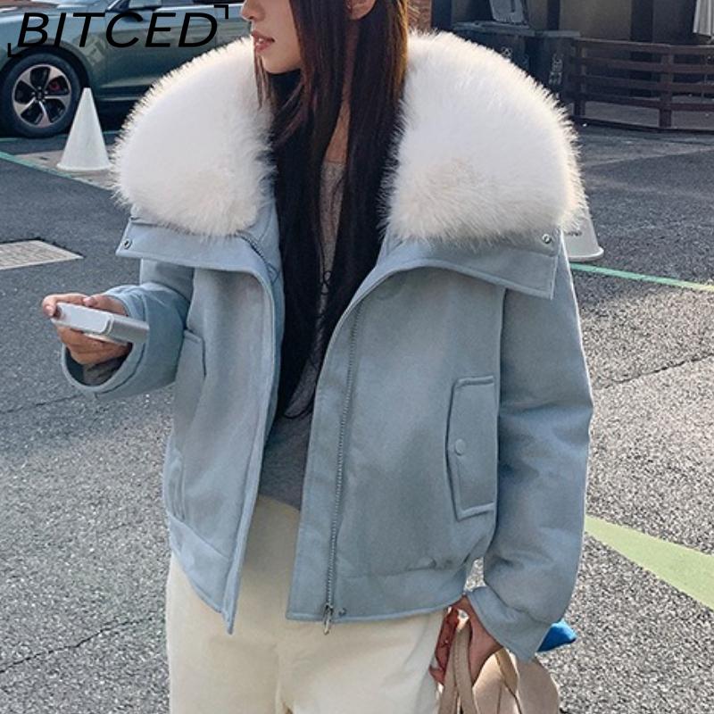 BITCED Women's Short Down Jacket with Oversized Fur Collar Winter Stylish Quilted Coat Thickened Outerwear American Style