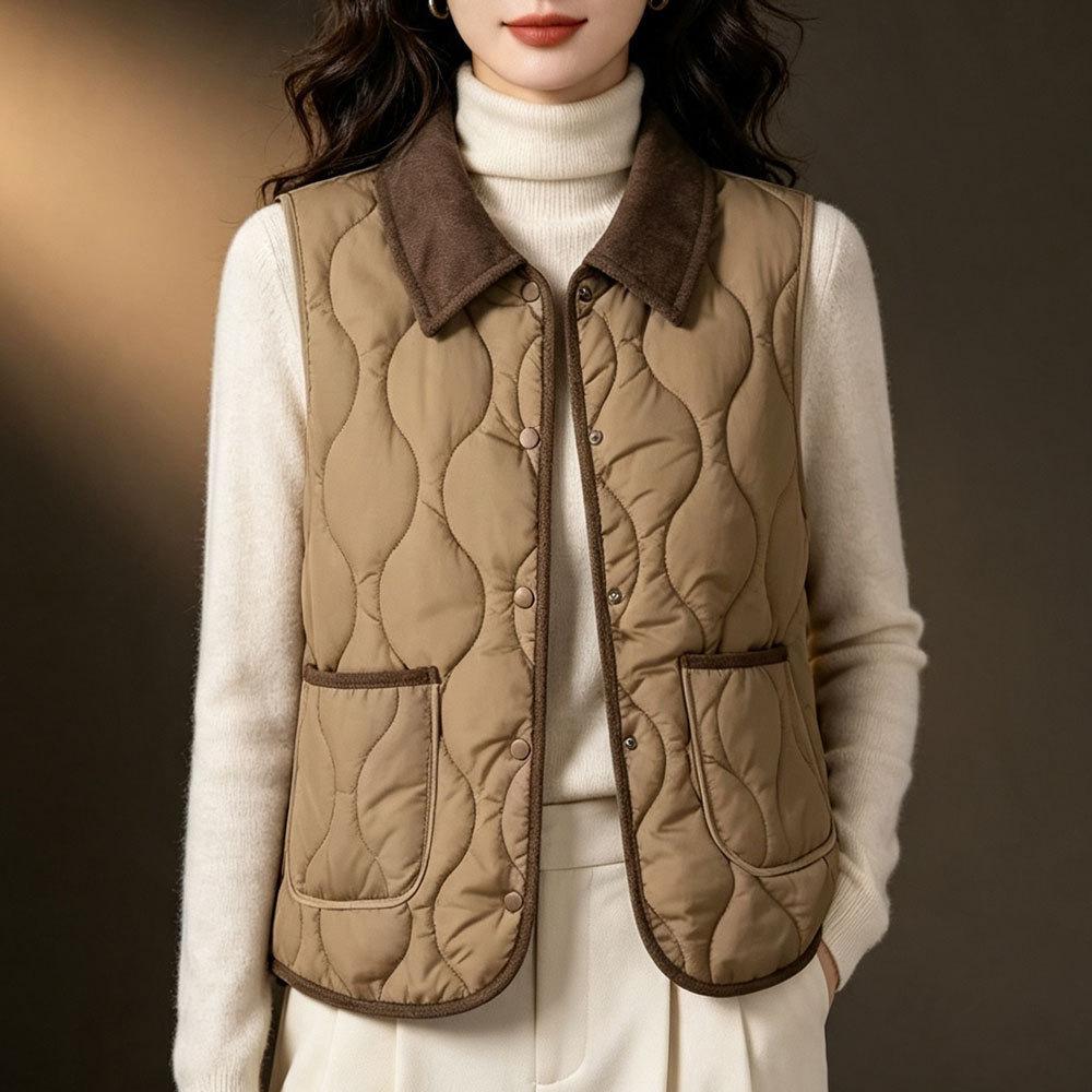 Women Lapel Collar Padded Vest Wavy Stitching Button Front Two Pockets Sleeveless Autumn Winter Vest