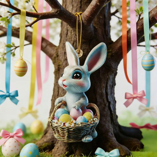 Easter Bunny Ornament 2D Flat Acrylic Bunny Car Rearview Mirror Charm Cartoon Bunny Egg Hanging Pendant for Home Car Window Backpack Holiday Decor
