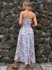 2023 Summer Bestseller: Women's V-neck Spaghetti Strap Print Dress - European & American Style, Waist-Cinching Design
