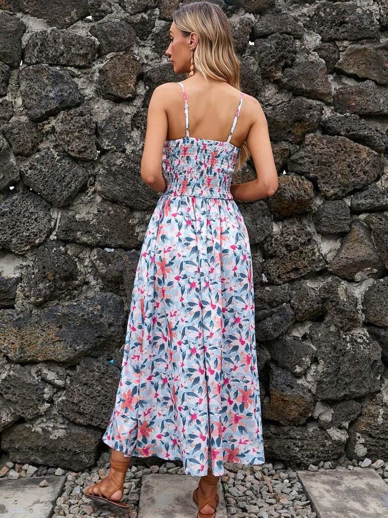 2023 Summer Bestseller: Women's V-neck Spaghetti Strap Print Dress - European & American Style, Waist-Cinching Design