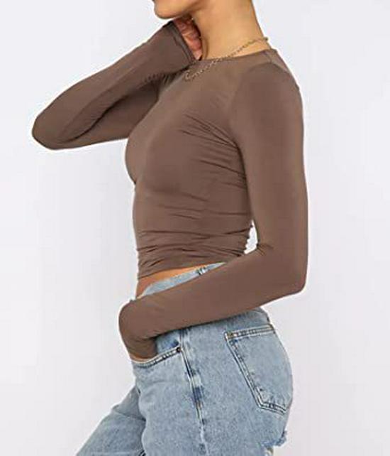 2023 Women's Autumn Slim Fit Irregular Long Sleeve T-Shirt - Solid Color, Round Neck