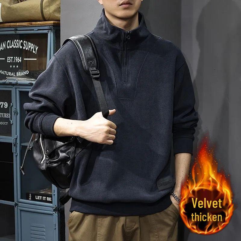 Men's Retro Fleece-Lined Patchwork Pullover: 2025 Autumn/Winter Stand Collar Polo with Half-Zip & Long Sleeves