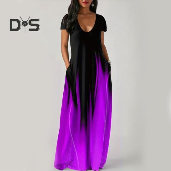 Women Maxi Dress with Pockets V Neck Short Sleeves Gradient Contrast Colors A-line Full Length Dress for Daily Party Dating