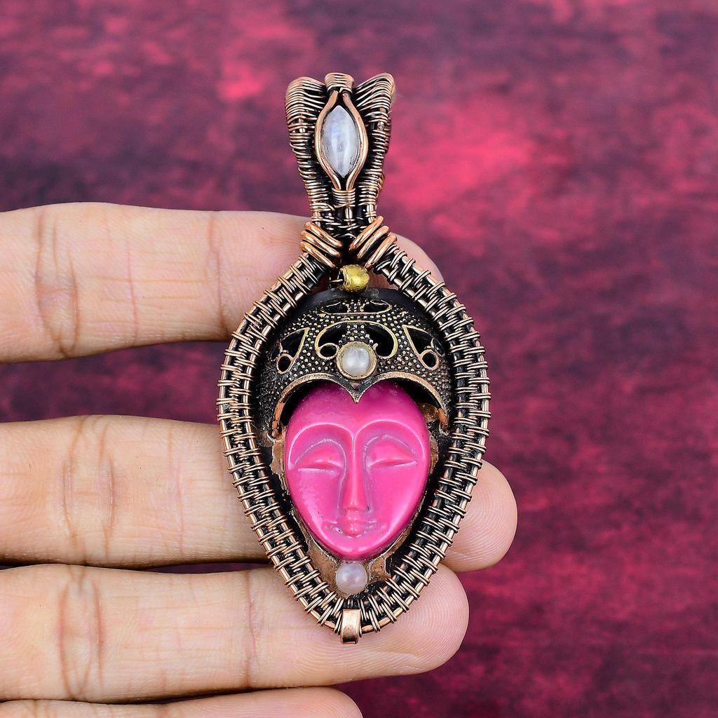 Pink Carved Bone Face Pendant Copper Wire Wrapped Pendant Rainbow Moonstone Jewelry