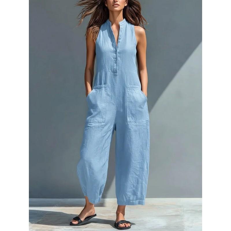 2026 Womens Sleeveless Stand Collar Pocket Jumpsuit Loose Fit Cotton Linen Casual Romper