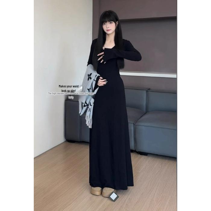 Hepburn-Inspired Elegant V-Neck Long-Sleeved Slimming Dress for Tall Women