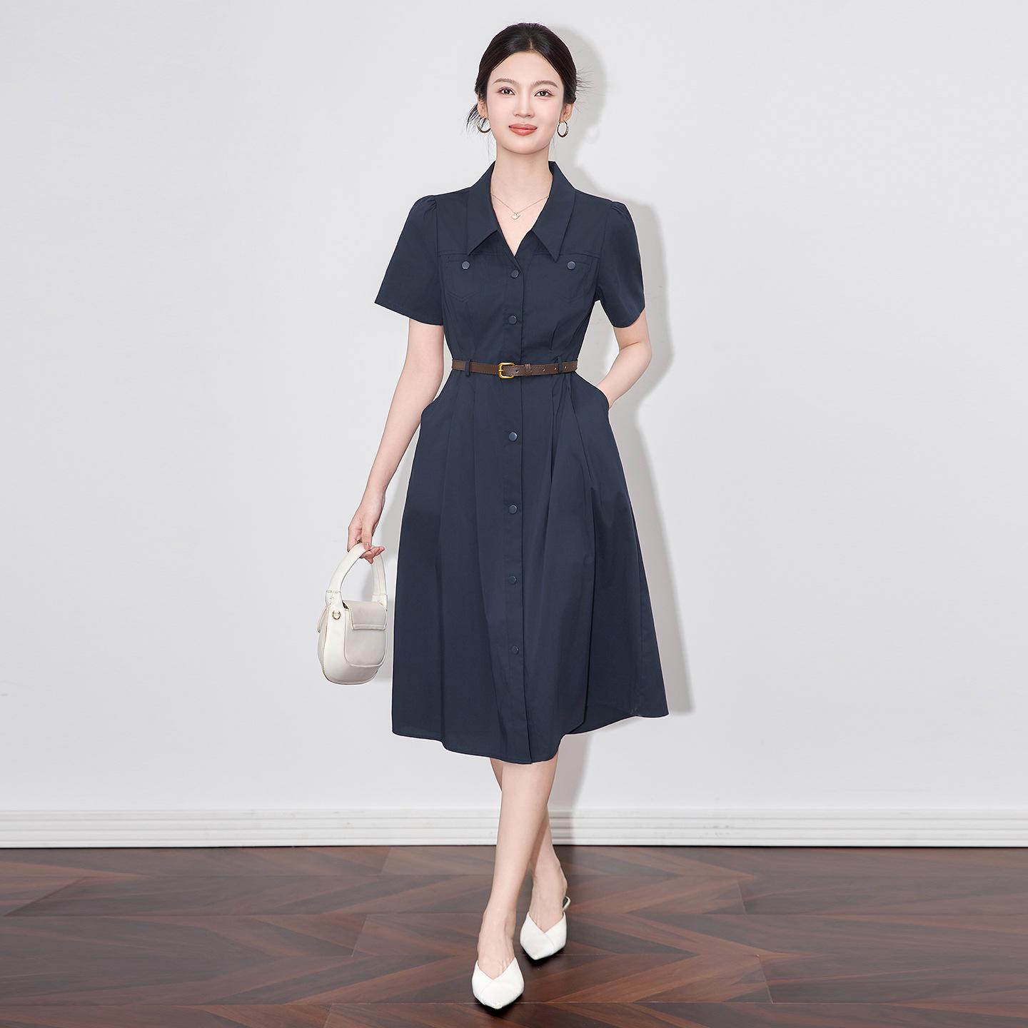 

Summer Slimming French Lapel Shirt Dress for Women Large темно-синий