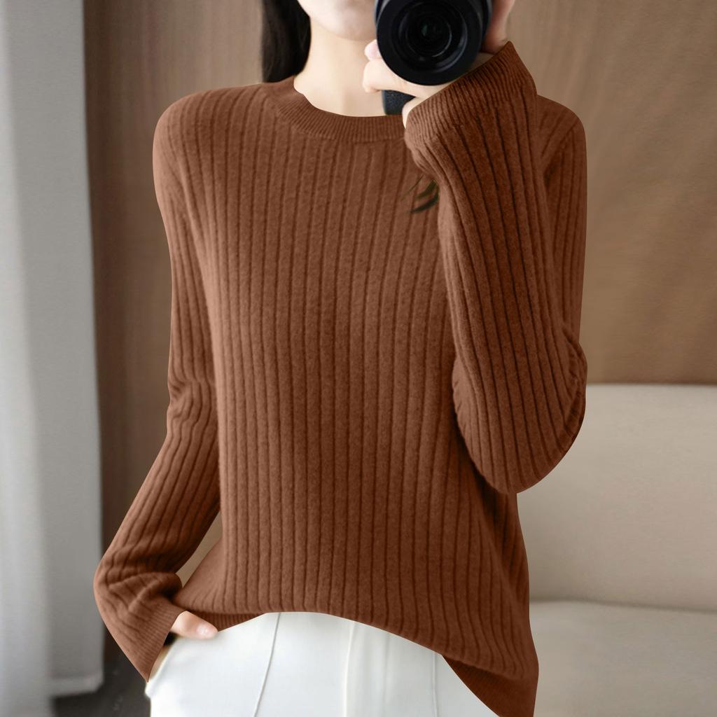 Damenmode Locker Gestrickter Pullover Unterhemd Rundhals Pullover Langarm Einfarbiges Oberteil