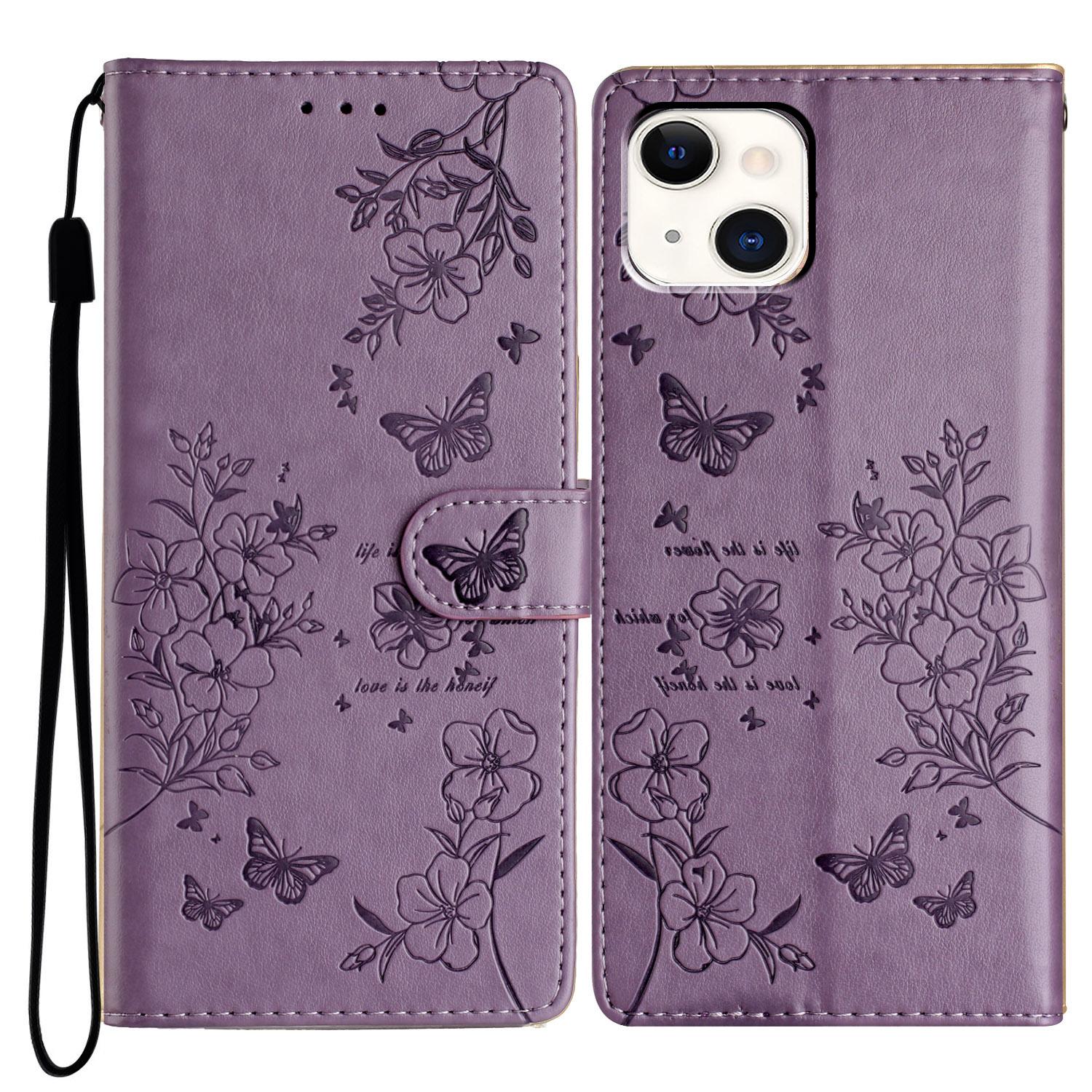 

For iPhone 15 Wallet Case Butterfly Floral Imprint Leather Phone Cover with Strap Purple