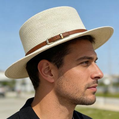 Cappello di Paglia a Tesa Larga con Design Piatto in Cima, Cinturino in Ecopelle, Decorazione con Fibbia Metallica, Cappello da Sole, Cappello da Spiaggia per Vacanze