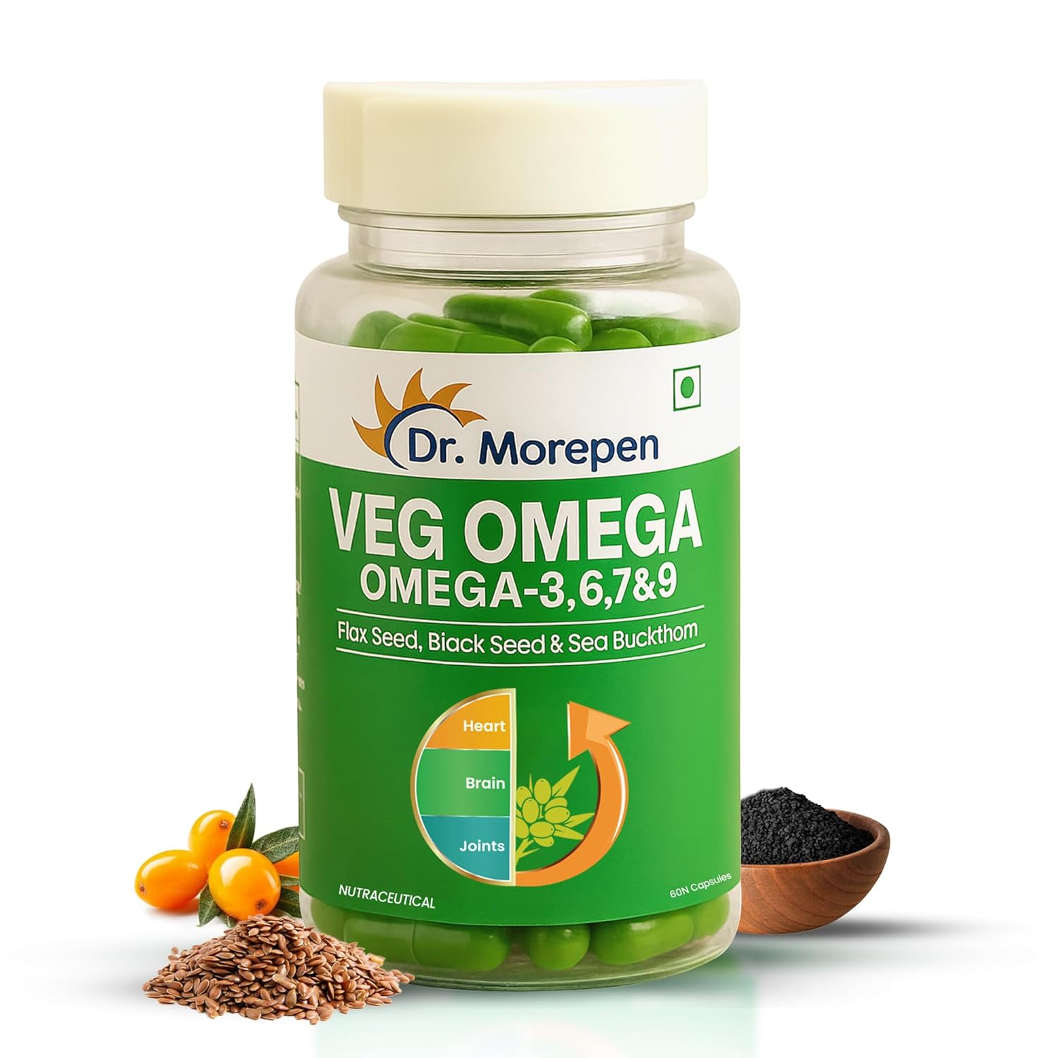 

Dr. Morepen Veg Omega 3 6 7 9 Capsules 500 mg With Flax Black Seed Sea Buckthorn For Daily Wellness 60 Veg Capsules