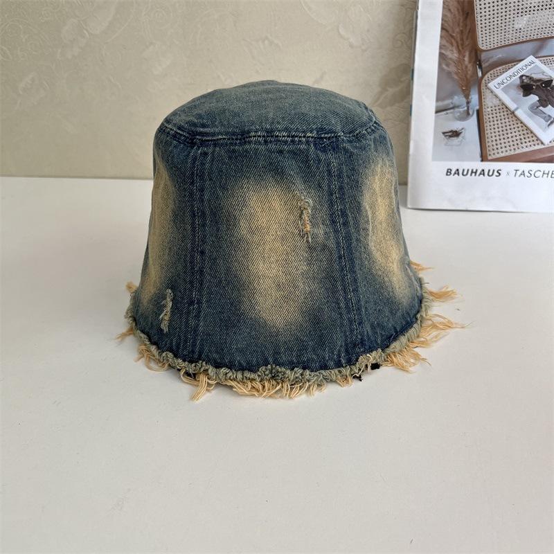 

New retro washed old ripped denim fisherman hat children show face small burr edge bucket hat tide M（56-58cm） чорний