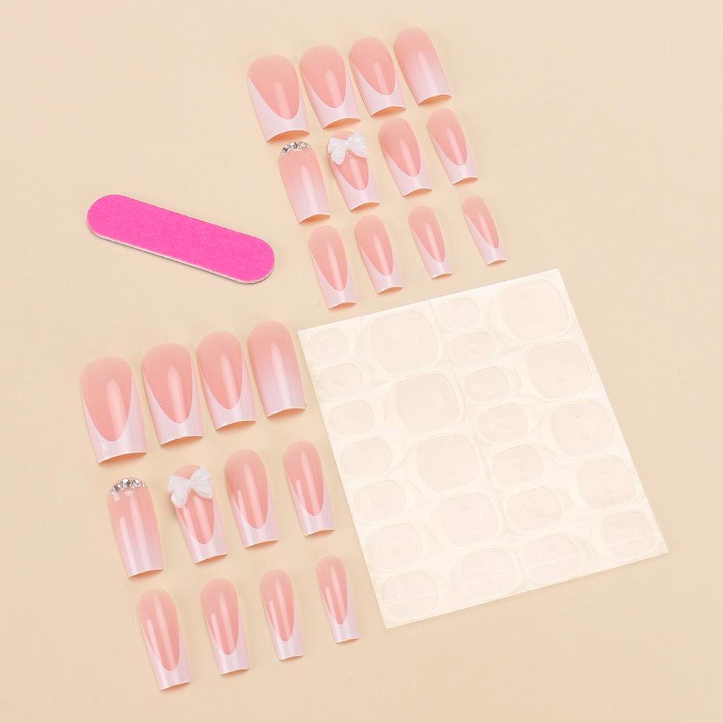 European & American Rhinestone Bowknot French Manicure Medium-Long False Nails