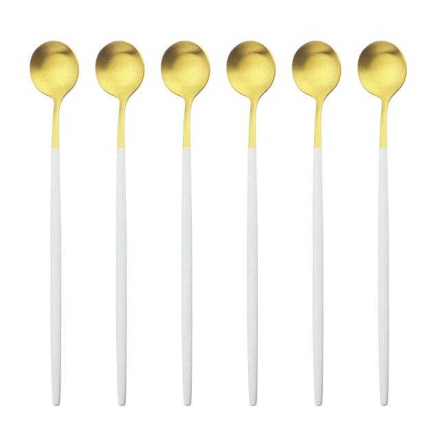 6Pcs/Set Black Long Handle Cutlery Matte Stainless Steel Spoons Polished Stirring Drink Ice Cream Dessert Tea Spoons Dinnerware