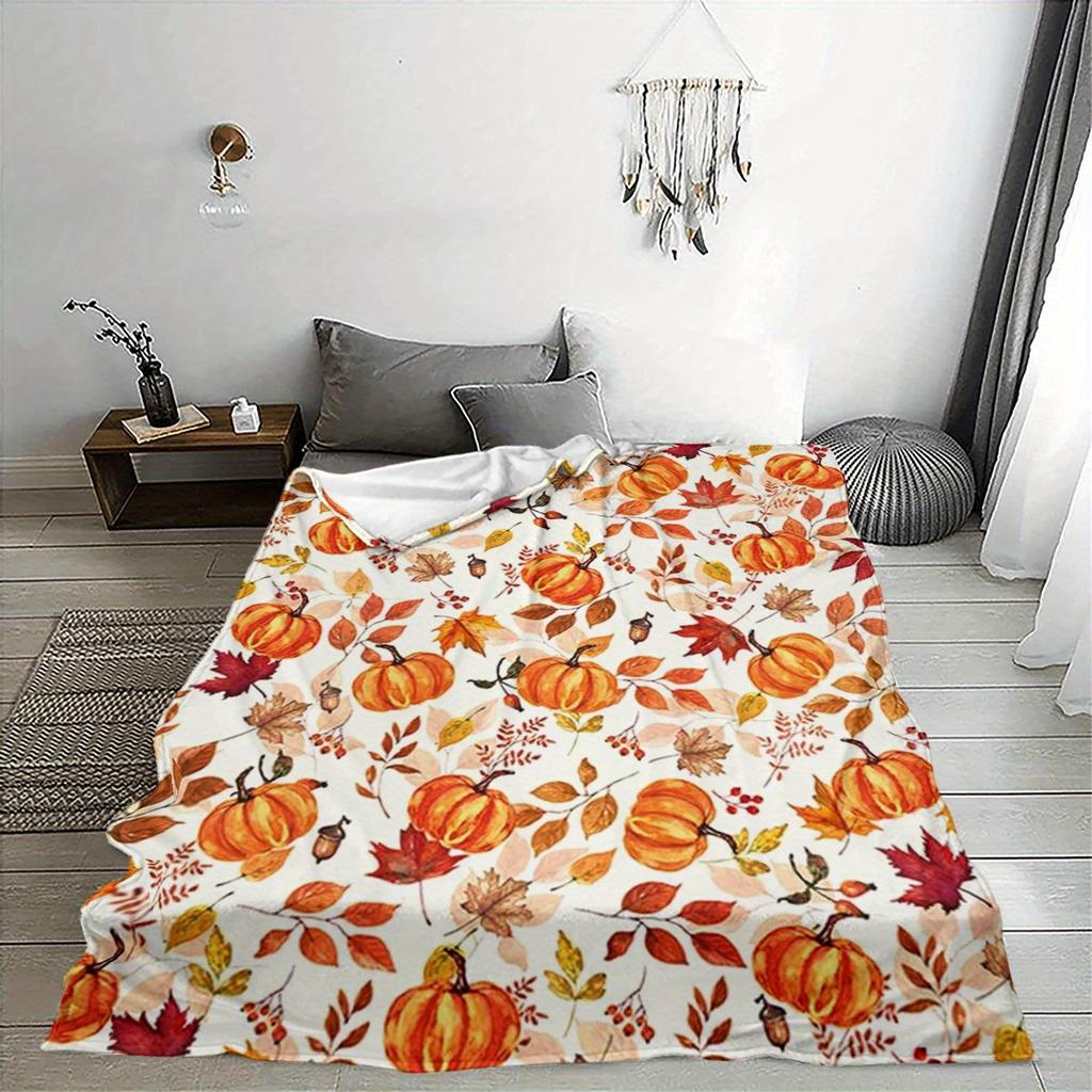 1pc Autumn Fall Flannel Blanket, Pumpkin and Maple Leaf Design Cozy Lightweight for Couch, Bed, Camping, Gift for Thanksgiving