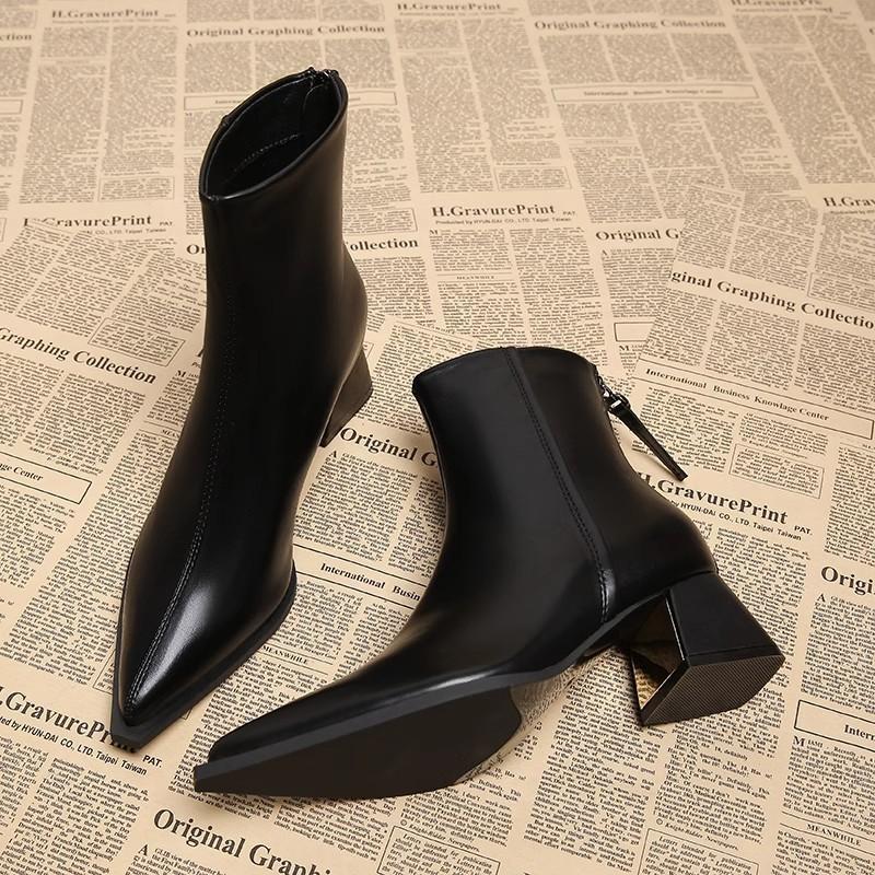 Premium Short Boots Women's Thick Heel Small Fragrant Pointed Martin Boots High Heels Small Ankle Boots Korean Black Thin Boots