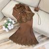 Women's 2026 Spring New Dress Set: Elegant Lace Patchwork Tie-Up Long-Sleeve Shirt and Skirt Two-Piece Set
