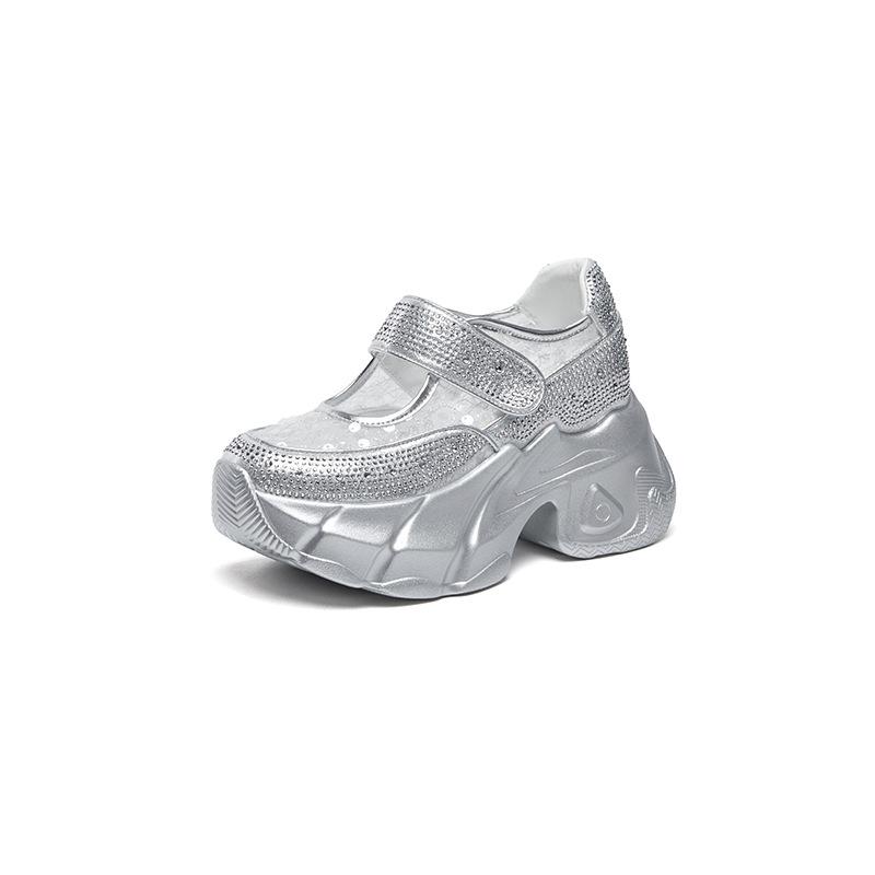 

Mary Jane women s shoes 2025 summer new versatile casual mesh rhinestone small thick sole heightening casual women s shoes 39 серебряный