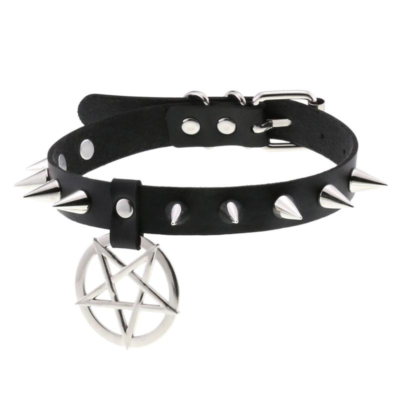 Spiked Choker Necklace PU Leather Goth Choker Collar with Pentagrams Pendant Punk Rock Collar Adjustable for Women Men