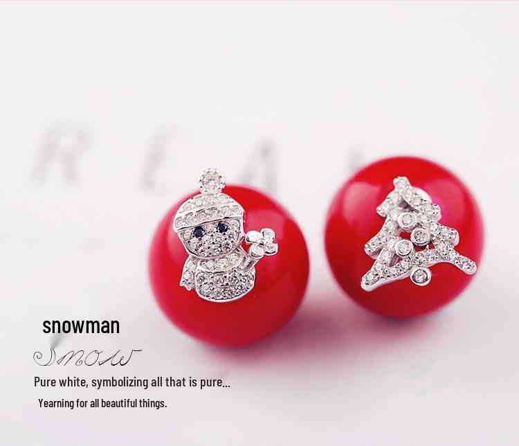 Christmas Reindeer Snowflake Red Pearl 925 Sterling Silver Stud Earrings