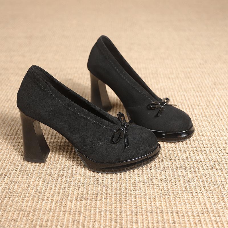 

Vintage Maillard bow Mary Jane single shoes women s 2025 new small round head thick heel temperament high heels 35 чёрный