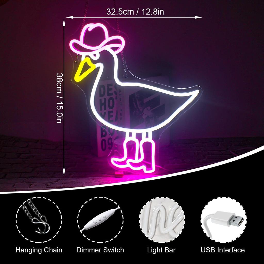 Cowboy Duck Neon Sign,Duck Neon Signs Cowgirl Boots Neon Signs for Wall Decor, USB Connectivity Pink LED Signs for Bedroom Living Room Kids Room Home