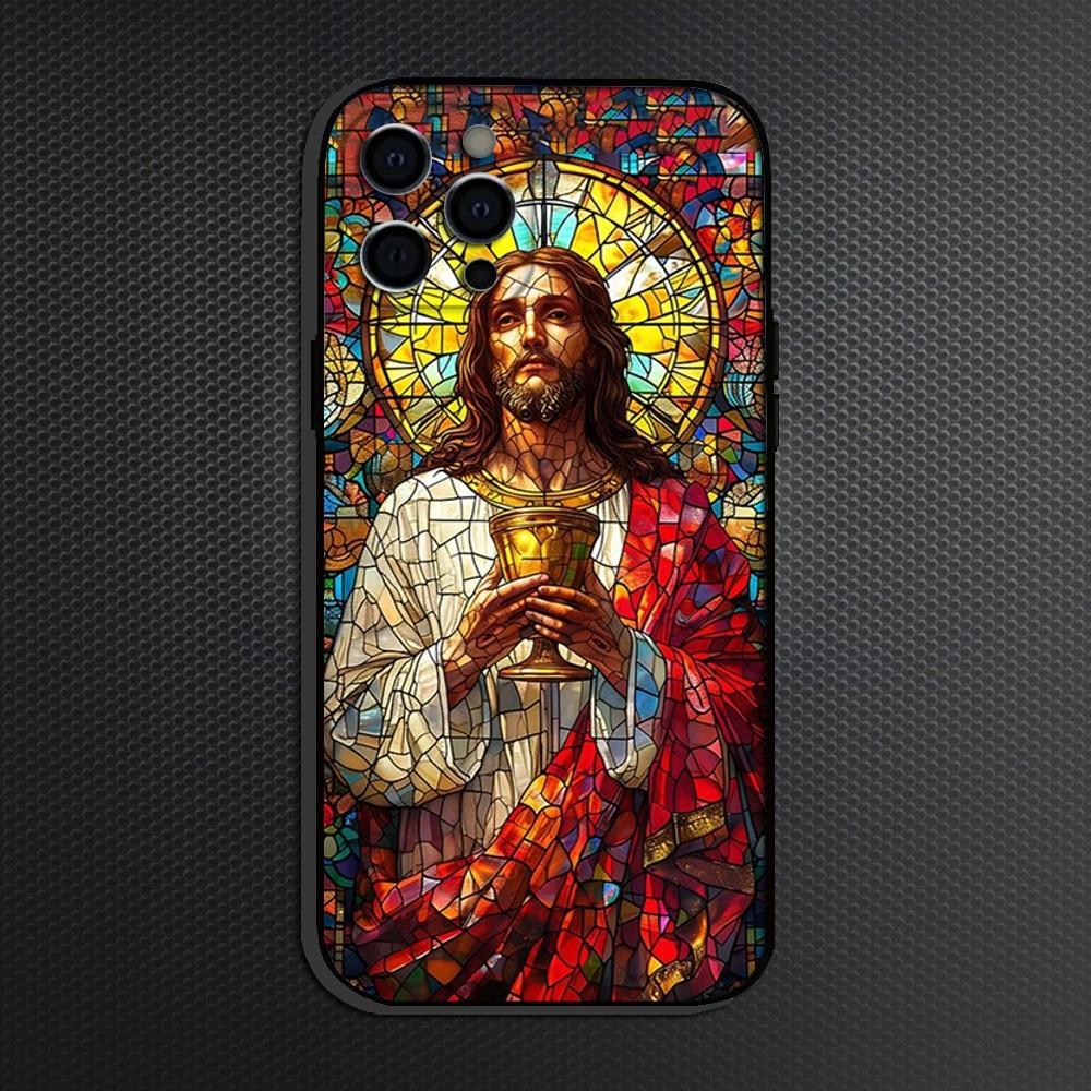 Classic Church Glass Jesus Christ Phone Case For iPhone 16,15,14,13,12,11 Plus,Pro Max, Soft Silicone Black Cover