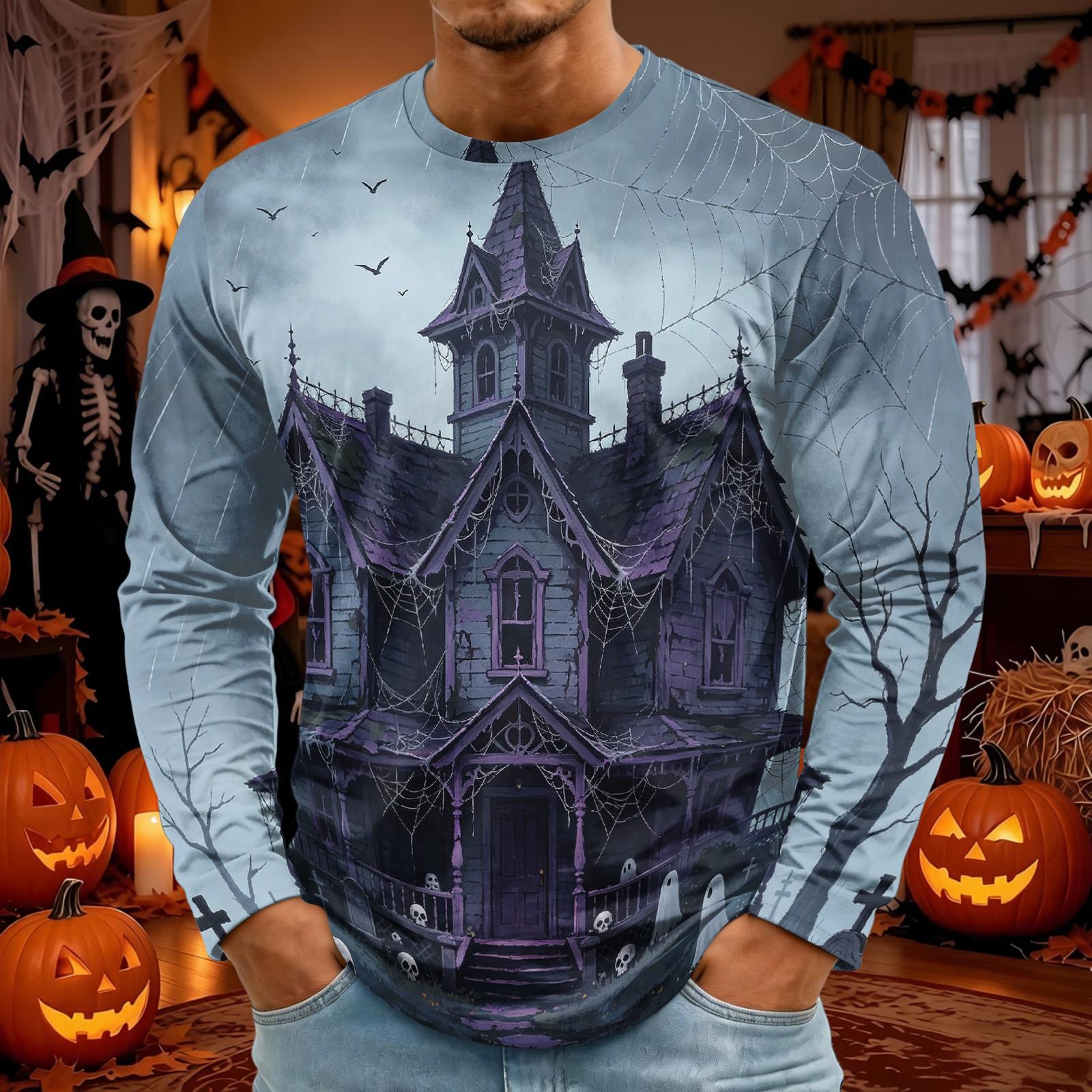 Men s Halloween Print Long Sleeve Neck T-Shirt for Party and Casual Wear L синий