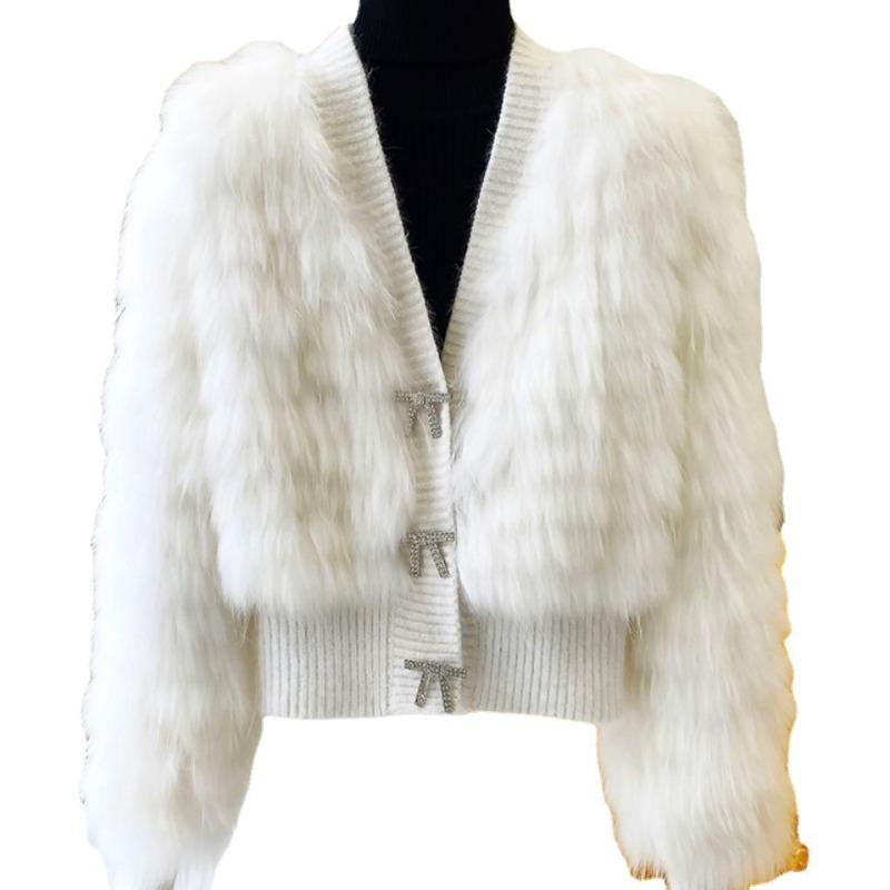 Autumn and Winter New Coat Fleece Top Short Rhinestone Coat Black One Size Long Sleeve