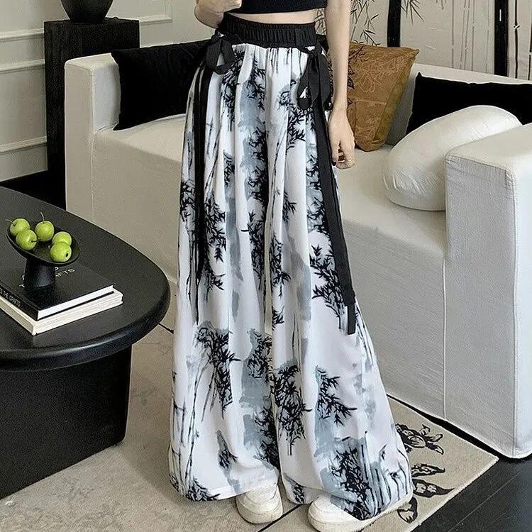 Women's Summer Ink Wash Tie-Dye Ice Silk Wide-Leg Pants with Sashes