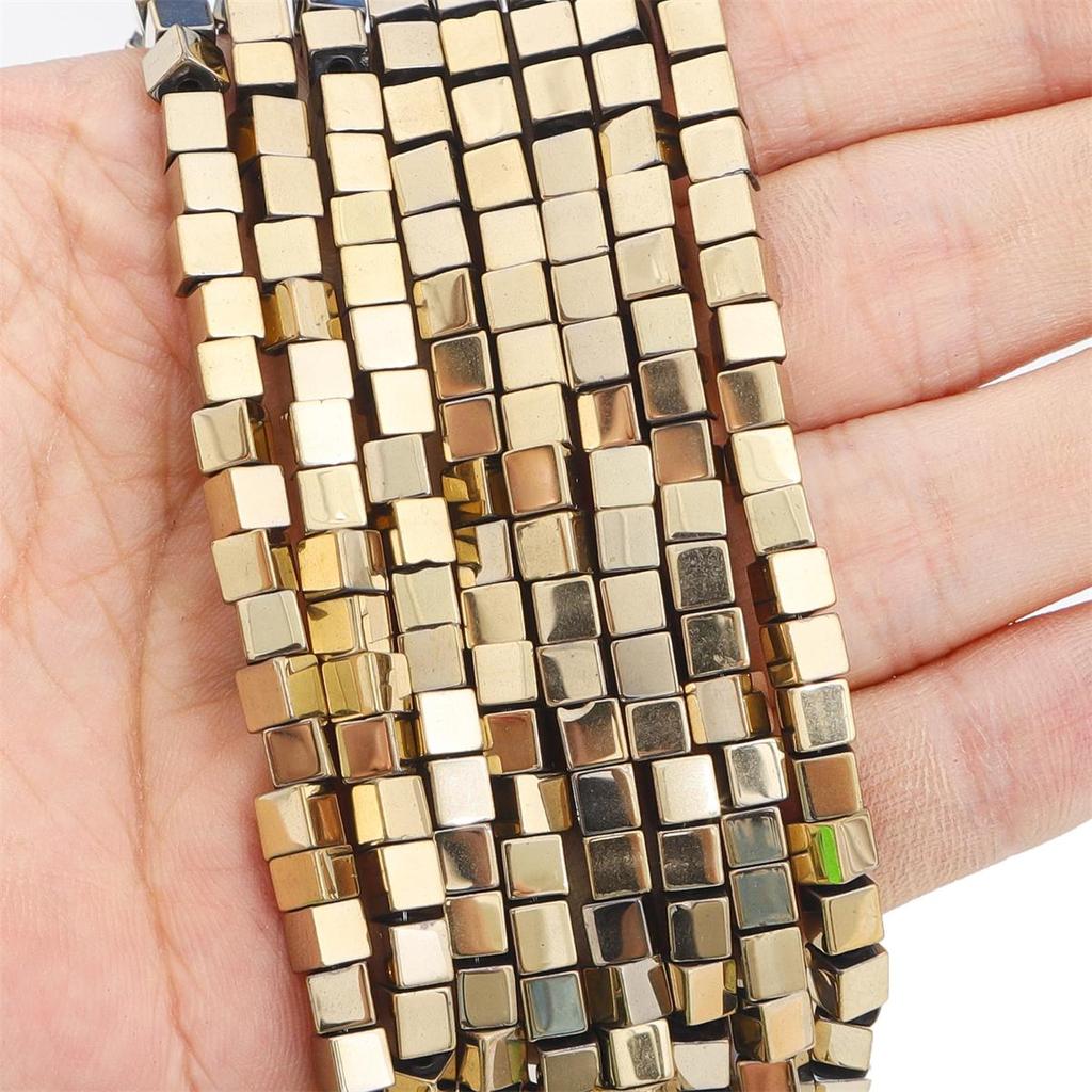 3/4 mm Naturstein, Goldsplitter, mehrfarbig, quadratisch, Würfel, Hämatit, lose Distanzperlen für DIY-Schmuckzubehör