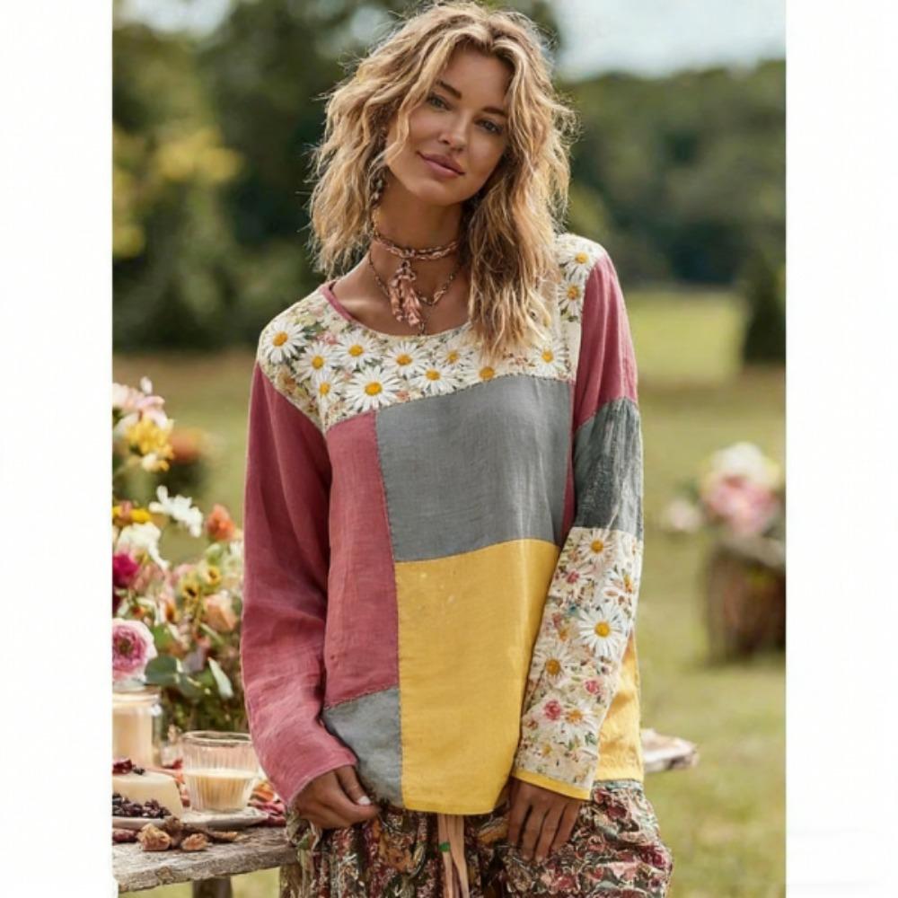 Bohemian Style Fashion Splicing Colors Women's T-shirt Pullover Europe America Women Long Sleeve Clothing Outdoor Casual Tees Top