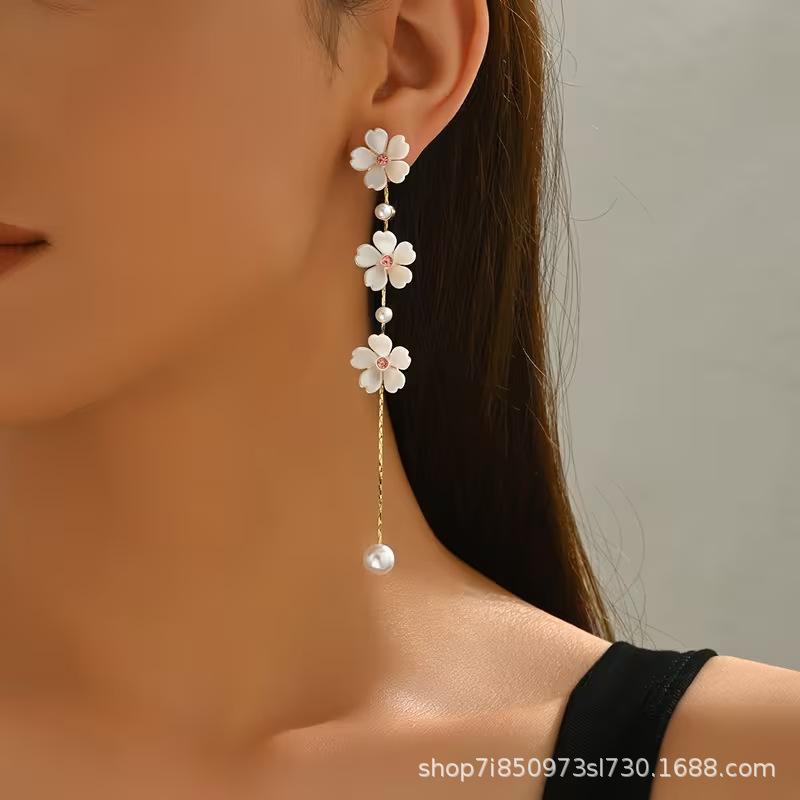 Fresh Sweet and Versatile ABS Imitation Pearl Floral Fringe Long Earrings for Women