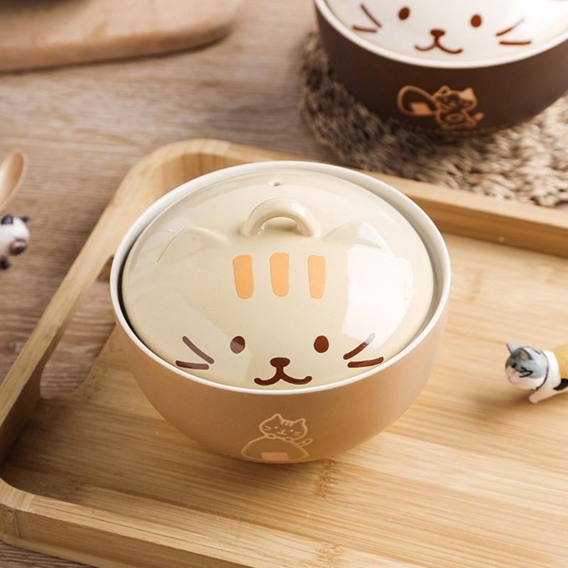 Japanese Creative Ceramic Soup Bowl with Cartoon Cats Cover Designs 550ML Capacity Microwave Dishwasher Safe Tableware