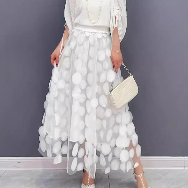 3D Applique Patchwork Tulle A-Line Midi Skirt with Lining Layered Flowy Half Skirt for Women Ethereal QT-2176