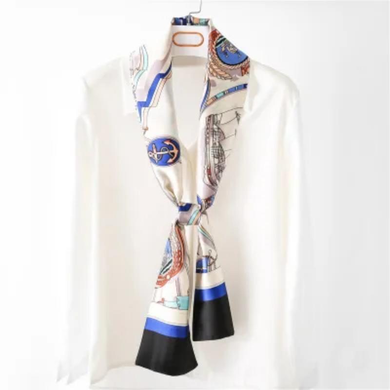 Hijab Real Long Silk Women Print Elegant Neck Scarves Hair Head Ribbon Tie Bag Handle Decoration Foulard Collar Kerchief