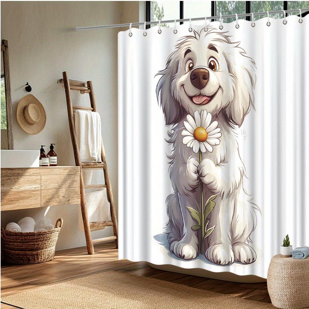 Fluffy Dog Daisy Curtain, Cartoon Style, White Dog & Yellow Daisy, Plain White Background, Fade-Resistant