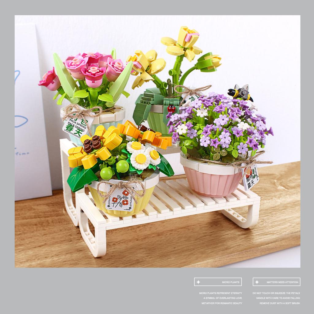 Office Desktop Decoration Mini Block Cartoon Spring Potted Plants Building Bricks Summer Flower Educational Toys For Girls Gifts